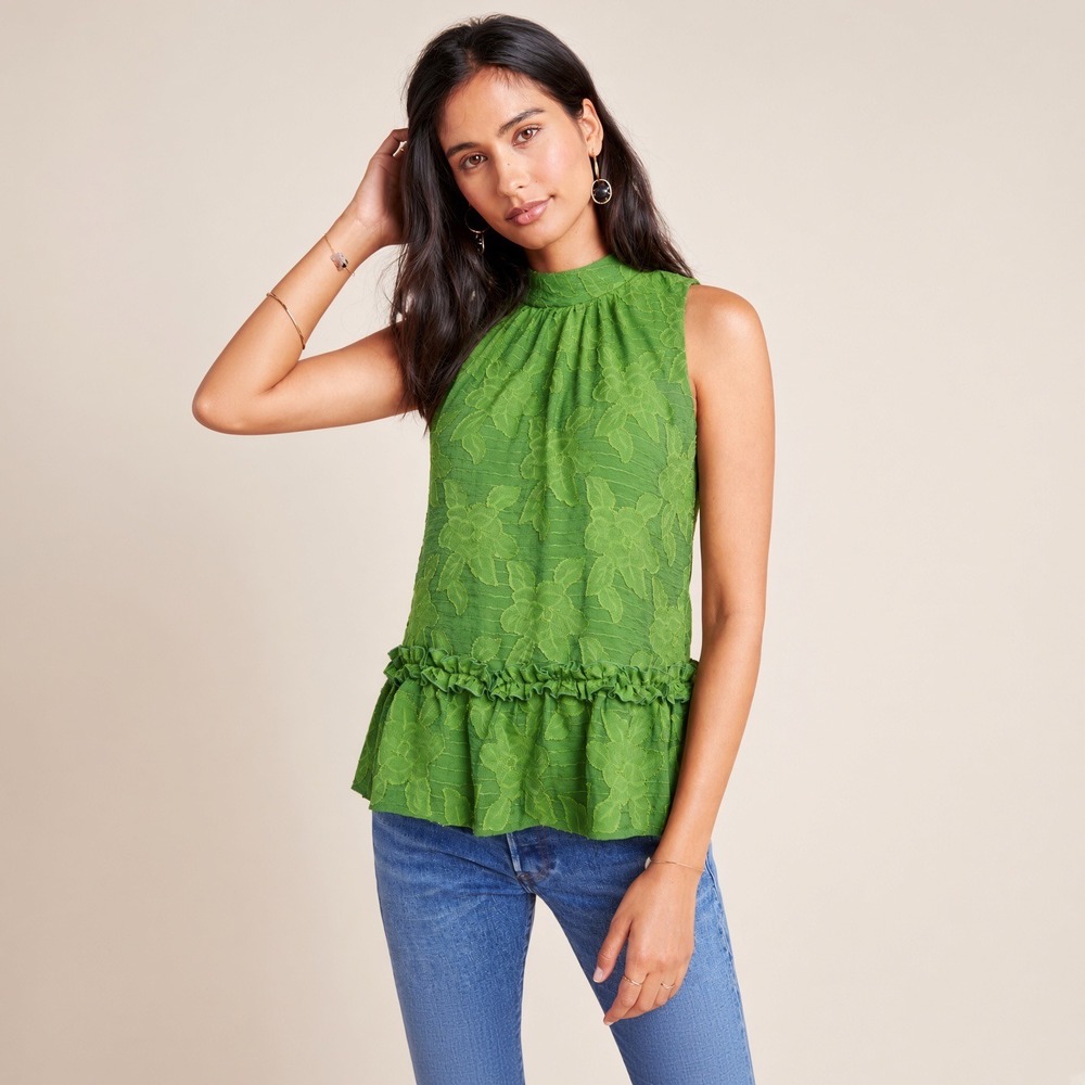Maeve Anthropologie Savannah Swing Blouse Floral Peplum Top Mock Neck Green 6